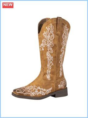 Floral Embroidered Square Toe Wide Calf Cowboy Boots Faux Leather Western Boots